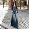 Jeans de Campana de Tiro Bajo Estilo Retro Americano para Mujer 2025 Otoño e Invierno Nuevo Estilo Elásticos Ajustados Holgados