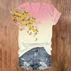 Camisa de mujer personalizada con estampado digital 3D de jazmín de invierno vibrante y mariposas transfronterizas, cuello en V, manga corta