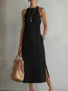 Vestido de Festa Feminino Europeu e Americano Transfronteiriço Nova Moda Cor Sólida Gola Halter Sem Mangas Bordado Fenda, Solto e Emagrecedor