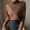 Camiseta feminina outono e inverno meia gola alta manga comprida renda Terry jacquard camiseta interna Slim fit all-matching top 2023