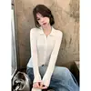 Traje Estilo Coreano Início do Outono Tricô Feminino Novo Gola Lapela Botão Camisa Temperamento Suave Simples Versátil Suéter de Manga Longa
