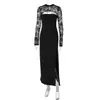 Ropa de invierno para mujer de marca independiente transfronteriza europea y americana: vestido sexy de retazos de encaje, manga larga calada, cuello redondo, corte ajustado y con abertura