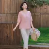 Nuevo Conjunto de Verano Estilo Chino para Mamás, Conjunto de Dos Piezas de Camiseta Bordada de Manga Corta de Algodón y Lino, Elegante Conjunto de Tops para Mujeres de Mediana Edad y Mayores