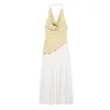 Ropa de Mujer para Comercio Exterior de Aliexpress Estilo Europeo y Americano Transfronterizo Zr Punto Nuevo Vestido Halter con Estampado de Empalme y Cuadrado