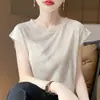 Camiseta delgada de manga corta con cuello redondo estilo coreano, adelgazante, versátil como prenda base de verano, mangas acampanadas pequeñas, top sin mangas suave y cómodo para mujer