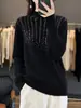 Nuevo Suéter para Mujer Cuello Semi Alto Tejido con Pedrería Otoño Invierno Holgado Color Sólido Lentejuelas Capa Base Caliente Suéter Prendas de Abajo