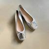 Versión de piel de oveja ~ cuero suave suela blanda plateado ballet abuela zapatos de mujer lazo boca poco profunda Mary Jane zapatos de una sola capa tacón grueso de mujer