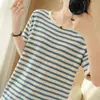 2026 Nueva Primavera y Verano Algodón Puro Rayas Estilo Coreano Simple Manga Corta Holgada Cuello Redondo Camiseta de Punto Ropa Elegante para Mujer
