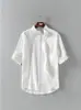Camisa de lino de verano con cuello mao y manga tres cuartos, camisa casual de color liso de manga media holgada para hombre de talla grande, top casual
