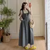 Ropa de Maternidad 2026 Verano Nueva Colección Cuadrado Gris Verde Cuello Cuadrado Forma H Manga Retorcida Sin Mangas Correa Halter Vestido Conjunto de Maternidad