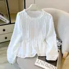 Nueva camisa básica de otoño estilo coreano, dulce, a la moda, versátil, de manga larga, plisada, elegante, para mujer, en color blanco