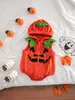 Novo Vestuário Infantil Transfronteiriço Halloween Infantil Estilo Europeu e Americano Macacão Fofo Sem Mangas com Capuz e Zíper Bordado de Abóbora