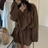 Vestido Camisa Corto con Encaje, Cuello en V, Cordones en la Cintura y Volantes para Mujer de Dongdaemun, Corea del Sur