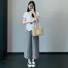 Pantalones de Algodón con Textura de Burbujas a Cuadros Estilo Japonés de Cintura Alta Adelgazantes de Pierna Ancha para Mujer, Verano Sueltos Casual Rectos de Nueve Puntos P0620G
