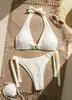 Conjunto de Bikini Rojo Transfronterizo Europeo y Americano Cuello Halter Traje de Baño para Piscina Caliente Playa Color Sólido Traje de Baño Dos Piezas Sexy