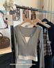 6808# otoño e invierno costura falso dos piezas abrigo manga larga delgado delgado hombro camiseta diseño sentido nicho mujer