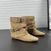 Botines de Tobillo de Cuero Genuino de Estilo Coreano para Mujer 2026 Nuevos Botas Vaqueras con Hebilla de Cinturón Botas Plegadas Botas de Moda