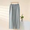 Atacado Dropshipping Primavera Verão Algodão Linho Feminino Roupa de Casa Cintura Elástica Perna Larga Calça Cropped Casual Confortável Pijama para Casa