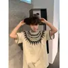 Camiseta Retrô Americana Estilo Étnico High Street com Fita Manga Curta Verão Masculino Par Casal Solto Manga Meia-Manga Cor Damasco
