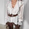 Estación Independiente Camisa Blanca Elegante Francesa con Cuello en V y Volantes Top Femenino de Tencel con Mangas Acampanadas Ropa para Mujer Transfronteriza