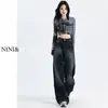 Jeans Azules Oscuros de Pierna Ancha Estrecha para Mujer, Nuevo Estilo Otoño 2025, Pantalones Rectos Adelgazantes Sueltos de Cintura Alta Petite