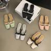 Zapatillas de Mitad de Zapato Cuadrado de Satén Francés con Lazo para Mujer, Zapatos Planos de Tacón Bajo