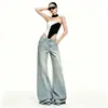 Calça Jeans Feminina Lavada com Bigodes de Gato Perna Larga Estilo Americano Cintura Alta Fluida Comprimento Total Desgastada Amarrotada Que Valoriza a Silhueta Suporte para Dropshipping