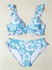 Bikini de Traje de Baño Impreso Transfronterizo Europeo y Americano, Bikini de Dos Piezas sin Espalda con Cordones Femenino para Vacaciones