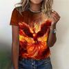 Linda Camiseta Feminina Estampada com Fênix 3D Manga Curta Retro Deslumbrante Camiseta Casual de Verão Gola Redonda