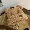 Chapéu de Lã Tricotado de Urso com Orelhas Chapéu de Lã Espessado Feminino Outono e Inverno Forrado com Fleece Estilo Coreano Chapéu Fofo Nicho Chapéu para Frio Feminino Inverno