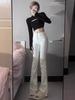 Jeans Blancos Fuiv para Mujer 2024 de Cintura Alta Elásticos Pequeños de Largo Hasta el Suelo Adelgazantes Micro-Acampanados para Figuras Pequeñas