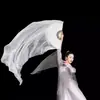 Leque de Seda Longo Branco Puro com Padrão de Nuvem Simulada, Adereço Elegante para Performance de Dança Clássica