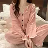 Nuevos Pijamas 2025 para Mujer Cárdigan Jacquard Primavera y Otoño Manga Larga Estilo Coreano Simple Holgado Traje Ropa de Casa para Mujer