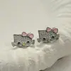 Lindo set de collar, aretes y anillo de gato con moño adornado con diamantes de dibujos animados, accesorios dulces y juveniles, estilo nuevo