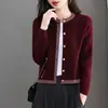 2026 Cardigan para Mãe Feminino Outono Inverno Suéter Tricô Patchwork Jaqueta Manga Longa Macio Gola Redonda Single-Breasted Top