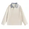 Suéter de punto con cuello de camisa falso de dos piezas cosido para hombre, suéter holgado de manga larga para otoño e invierno, top casual vintage
