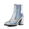 Botas Femininas Yingmeier 32-43 Transfronteiriças Plus Size Outono e Inverno Couro Patente Zíper Lateral Bico Fino Salto Alto Bloco Cano Curto