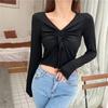 Otoño Nuevo Ajustado Delgado Sexy Cuello V Clavícula Manga Larga Camiseta Diseño Sentido Nicho Cordón Ins Moda Top