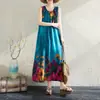 Novo Vestido de Algodão Seda Sem Mangas Estilo Resort à Beira-Mar com Cintura Marcada para Mulheres Tamanho Plus Look Emagrecedor Tamanho Plus Praia Suspender Saia Longa