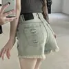 Shorts de Mezclilla Rasgados para Mujer Verano Nuevo Cintura Alta Ajustados Retro Borde Crudo Sexy Sexy Línea A Pierna Ancha Pantalones Cortos
