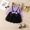 Vestido de Halloween para meninas transfronteiriço, falso duas peças, vestido de manga comprida com decoração de laço, saia preta de tule fofo