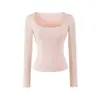 Camiseta de Otoño para Mujer Estilo Puro Deseo con Cuello en U Amplio, Dobladillo Fruncido y Diseño de Bolsillo, Camiseta Base Ajustada
