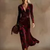 Vestido Transfronteiriço Novo Estilo com Decote em V e Mangas Longas com Elementos de Impressão Digital 3D, Saia Fashion e Personalizada para Marcar a Cintura Feminina