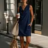 2026 Nuevo Verano Europeo y Americano Transfronterizo Estación Independiente de Amazon Color Sólido para Mujer Vestido Holgado sin Mangas con Cuello de Columpio