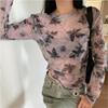 Top Nuevo Otoño Temprano 2025 Estampado Mariposa Tie-Dye Chica Popular Cuello Redondo Delgado Malla Fina Protección Solar Camiseta de Manga Larga