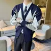Cárdigan de punto con patrón de rombos estilo coreano para hombre, corte relajado, chaqueta suéter ligeramente holgada, chaqueta casual estilo "old money" japonés para hombre
