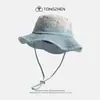 Sombrero de Cubo Lavado con Degradado Estilo Japonés con Bordado de Letras para Mujer, Protección Solar para Senderismo al Aire Libre, Sombrilla, Sombrero de Montañismo