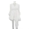 Moda Transfronteriza Otoño Nuevo Elegante Vestido Francés para Mujer de Gama Alta Cuello en V Mangas Abullonadas con Cordones Falda Línea A