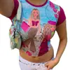 Camiseta Feminina Harajuku Verão Nova Gola Redonda Estampa de Desenho Color Block Manga Curta Top Solto Retrô Roupas Femininas