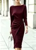 Amazon Europa y América Otoño e Invierno Nuevo Estilo Moda Femenina Cuello Redondo Manga Larga Tipo Murciélago Cintura Alta Vestido de Envoltura para Cadera